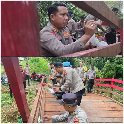 Polres Balangan dan Warga Gotong Royong Percantik Jembatan Merah Putih di Desa Mampari